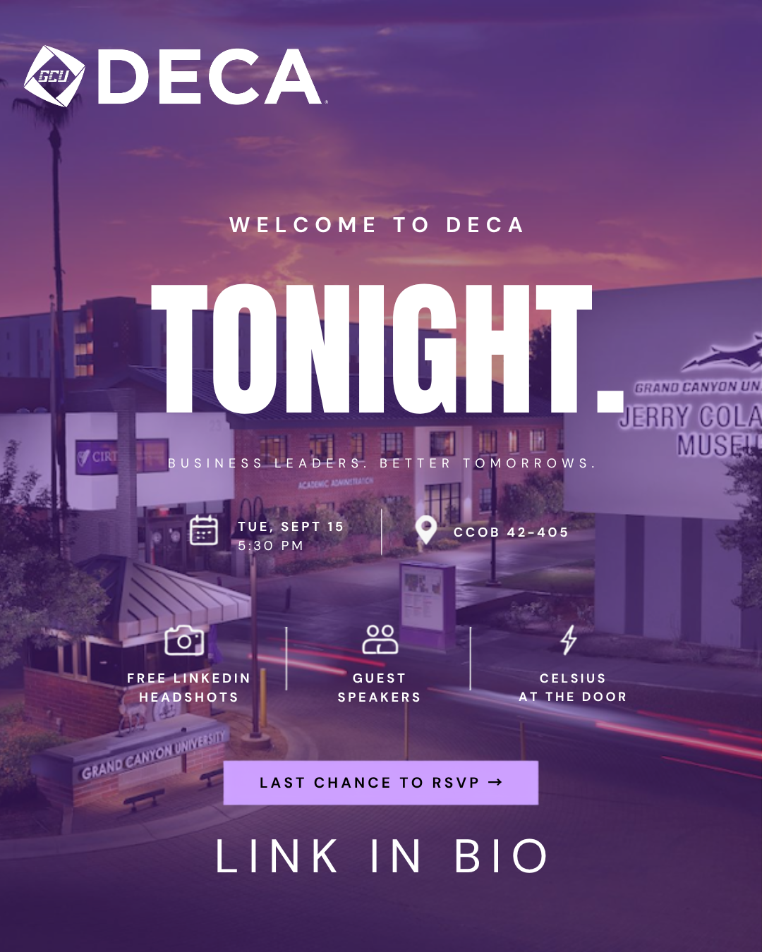 Welcome to DECA Tonight reminder with free LinkedIn headshots, guest speakers, CELSIUS and a last-chance RSVP invitation