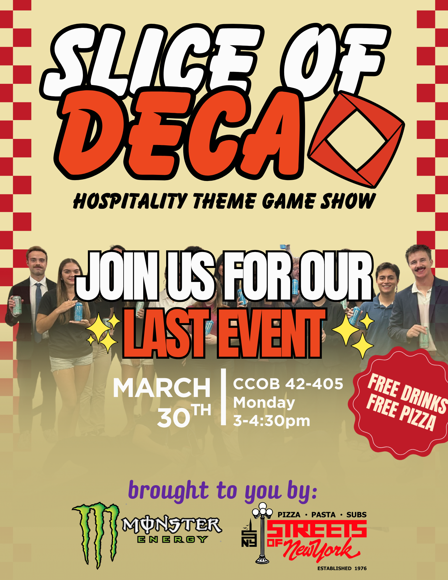 Slice of DECA hospitality game show flyer announcing the last event on March 30th