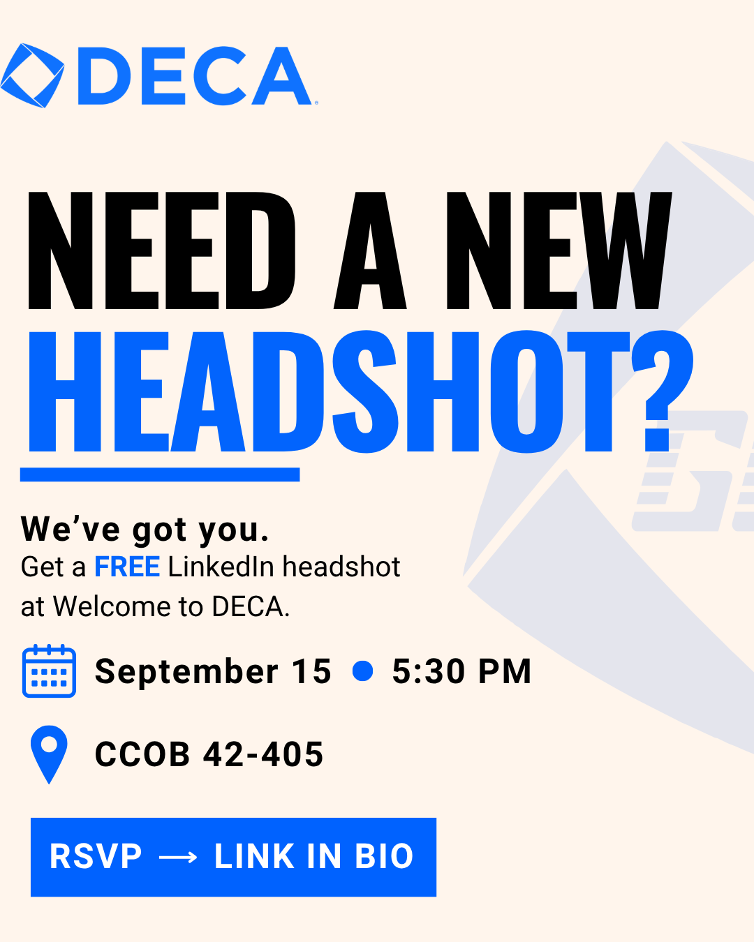 Free LinkedIn headshot at Welcome to DECA