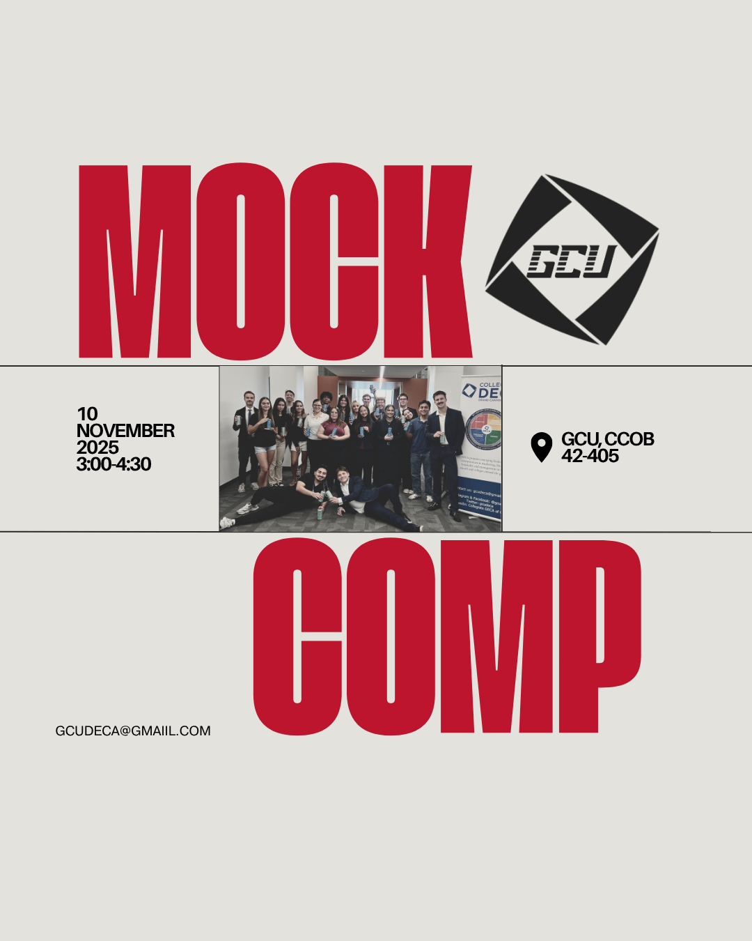 Mock Comp flyer in red lettering with the GCU DECA logo and a group photo