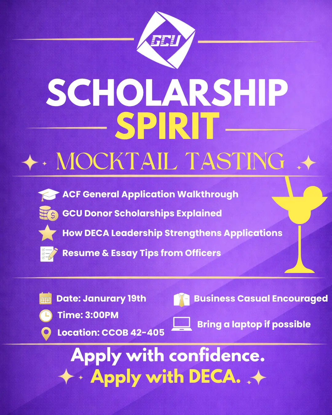 Purple Scholarship Spirit mocktail tasting flyer listing ACF application and scholarship topics