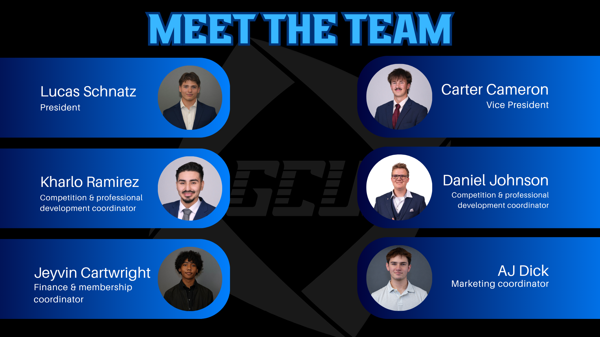 Meet the Team slide with six GCU DECA officers including President Lucas Schnatz